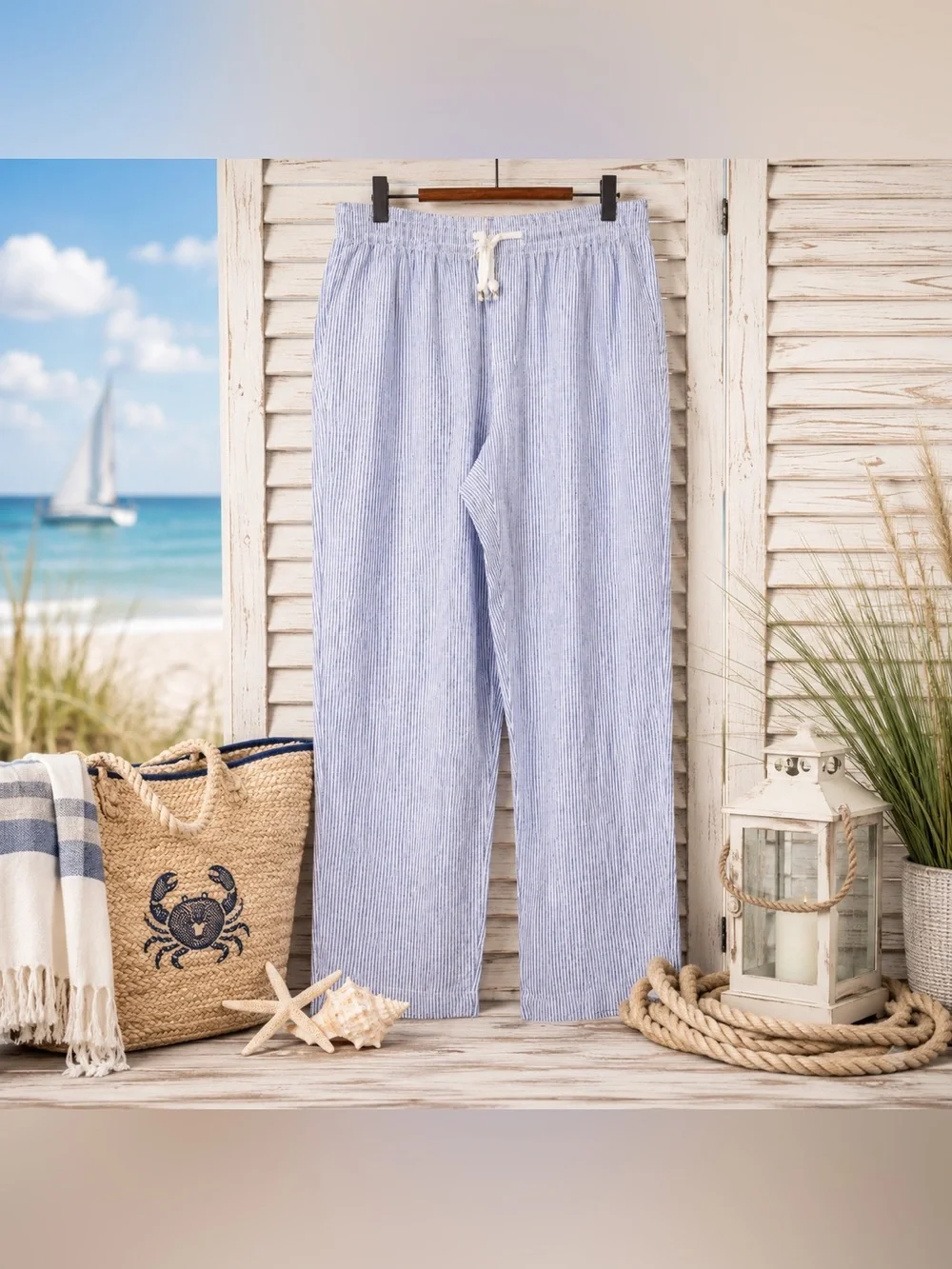 Daniel Hechter Paris Linen Blend Stripe Drawstring Pants XL NWT Resort Beach